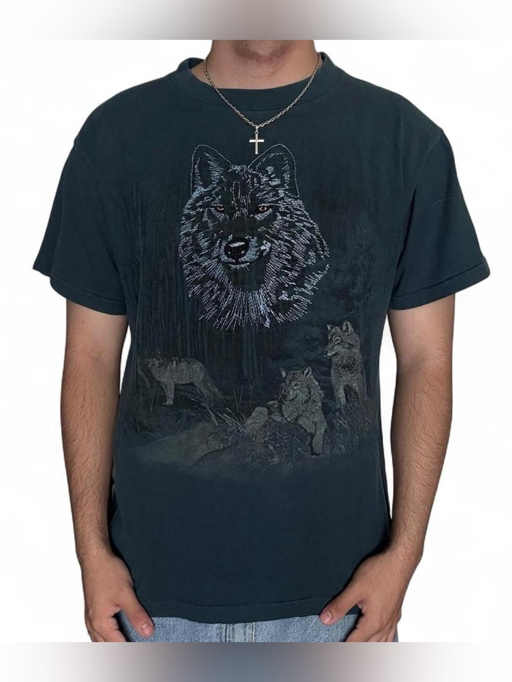 Vintage 90s Turner Single Stitch Embroidered Wolf Graphic T-Shirt Animals USA